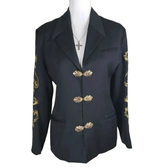 Vertigo Paris~Size L~Black/Gold Embroidered Blazer Jacket Wool Blend. - Picture 1 of 13